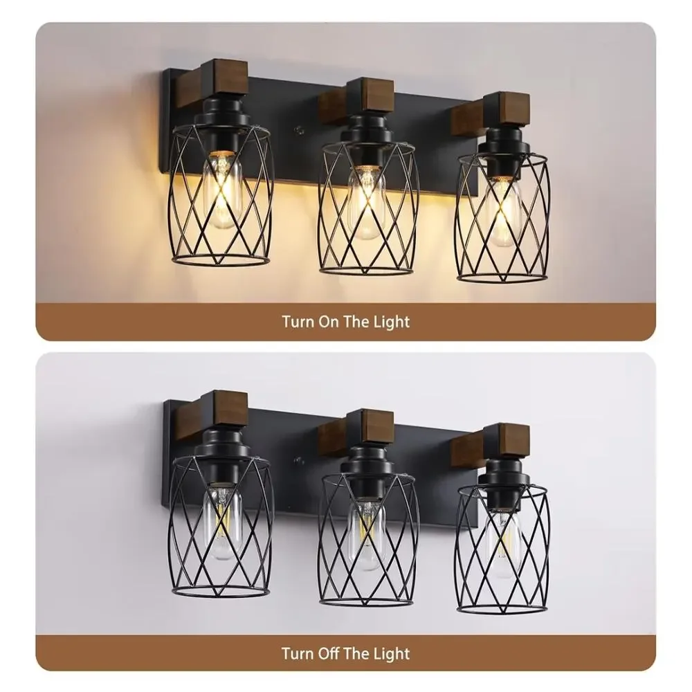 XvmBvm 3 Light Farmhouse Vanity Light Rustic Wood Black Metal E26